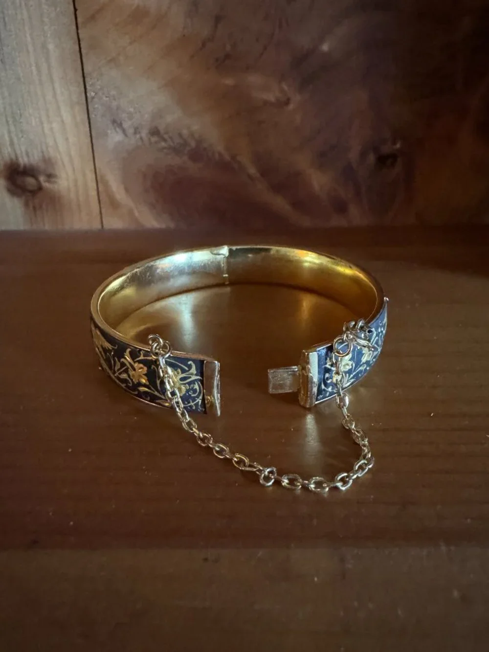 Vintage Damascene Gold Black Hinged Bracelet With Chain Bird-of-paradise